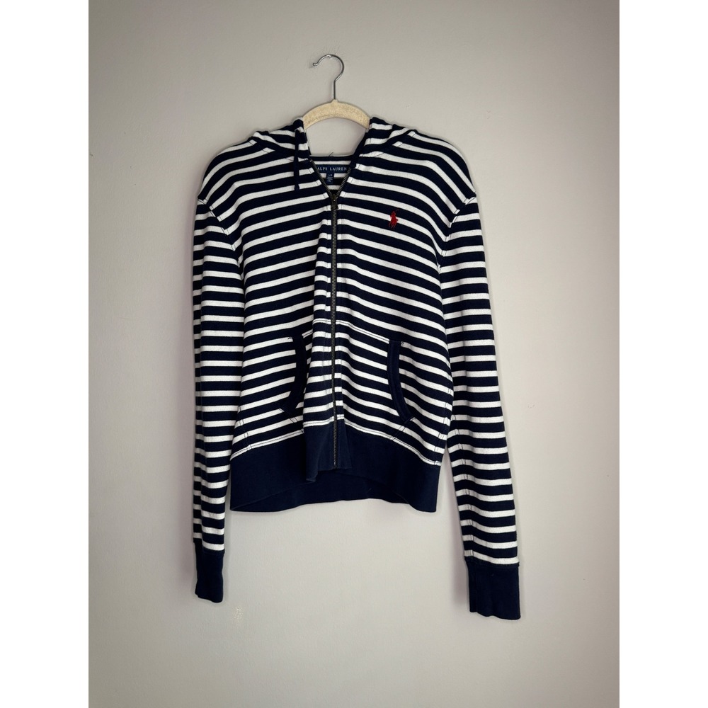 Ralph Lauren Women Navy White Striped Full Zip French Terry Hoodie Large
